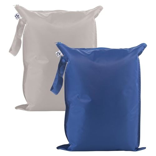 Tiny Twinkle Mess Proof Wet Bags | 2-Pack Reusable Waterproof Wet Bags for Swimsuits | Baby Clothes | Travel & Diaper Bag (Blue, Black Checkers)