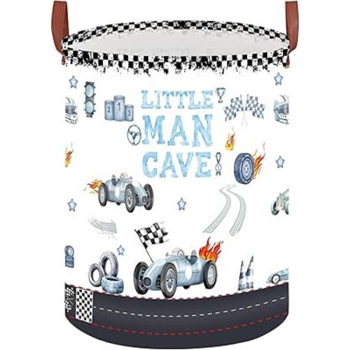Car Themed Room Decor Laundry Basket, Kids Vintage Car Nursery Hamper,Tire Toy Box for Boys,Collapsible Clothes Book Organizer Bin for Baby,Christmas Gift(Vintage Blue,Round)