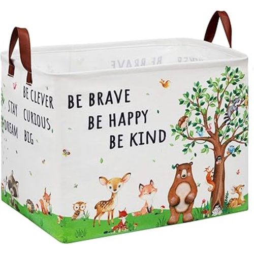 Woodland Baby Gift Basket Nursery Decor Hamper with Inspirational Quotes , Kids Jungle Animal Tree Storage Bin Bear Fox Deer Rabbit Owl Towel Bin Cute Clothes Book Toy Organizer Box