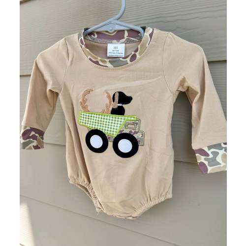 Embroidered black lab & camo truck bubble romper