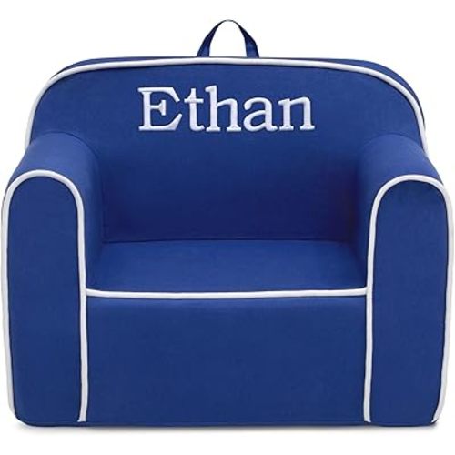 Delta Children Personalized Cozee Chair – Customize with Name – Foam Kids Chair for Ages 18 Months and Up, Blue/White