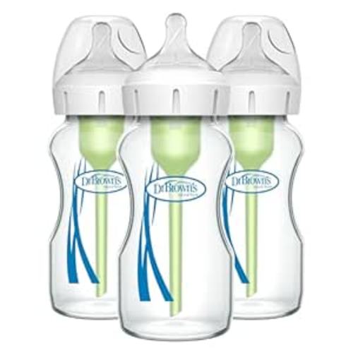 Dr. Brown's Natural Flow Anti-Colic Options+ Wide-Neck Glass Baby Bottles 9 oz/270 mL, with Level 1 Slow Flow Nipple, 3 Pack, 0m+