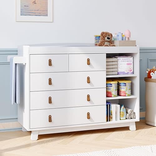 Baby Dresser with Changing Table Top, Nursery Dresser with 5 Drawers and Adjustable Shelves, Storage Organizer for Kids Bedroom, White