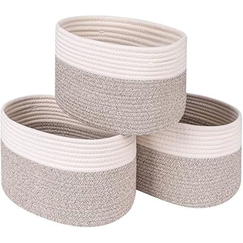 CubesLand Cube Shelf Closet Storage Basket Set of 3 - Woven Bins for Organizing, Soft Cotton Rope Skin-Friendly Toy Basket, Stylish Decor - Off White/Light Brown