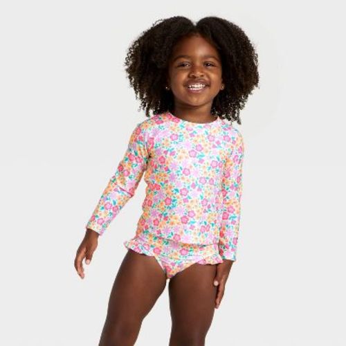 Toddler Girls' Long Sleeve Two Piece Multi Floral Rash Guard Swimwear Set - Cat & Jack™ Cream 2T
