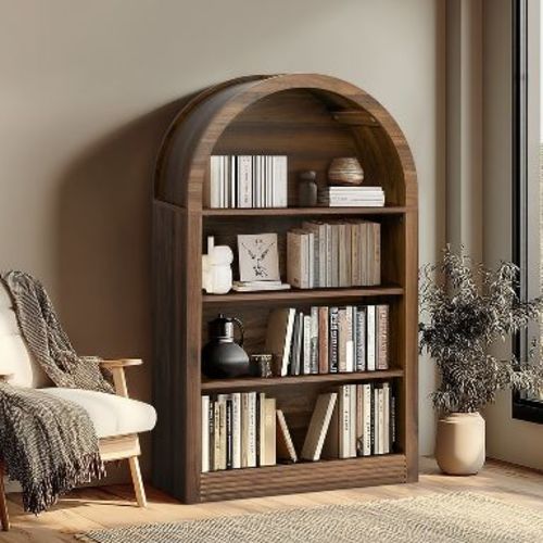 Vatros Small Black Bookcase Arched Bookshelf, Walnut