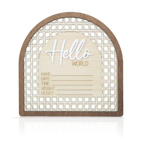 Baby Announcement Sign 6.5 Inch Wooden Hello World Newborn Welcome Sign Birth Baby Name Plaques for Photo Props Shower Hospital Nursery (Rattan)