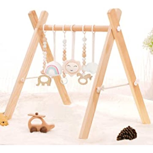 HAN-MM Wooden Baby Gym with 6 Wooden Baby Toys Foldable Baby Play Gym Frame Activity Gym Hanging Bar Newborn Gift Baby Girl and Boy Gym (Natural Color)