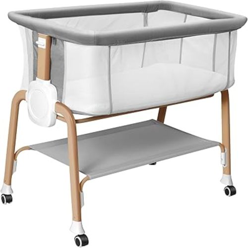 Bassinet Bedside Sleeper, Bedside Bassinet for Newborn, Baby Bassinet with 5 Adjustable Height, Rocking Bassinet with Wheels, Breathable Mesh & Mattress, Easy Folding Portable Bedside Crib(Gray)