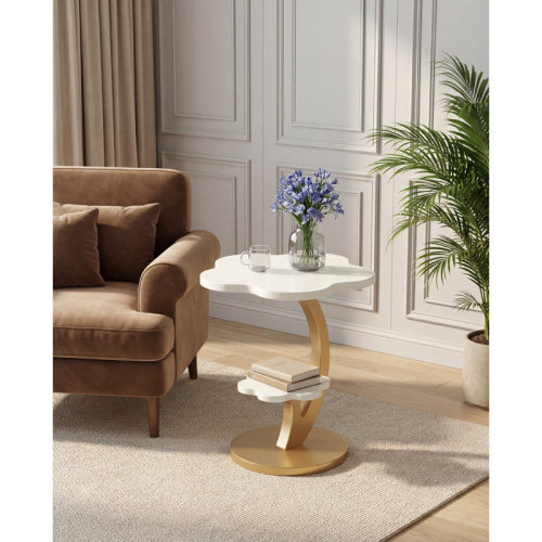 Mercer41 End Table, 2-Tier Side Table, Small Flower-Shaped Coffee Table with Metal Frame for Living Room, Bedroom, Bedside or Corner (White and Gold) | Wayfair