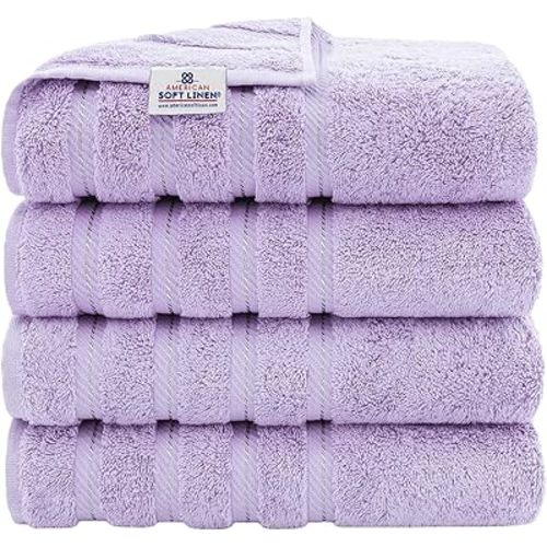 American Soft Linen Luxury 4 Piece Bath Towel Set, 600 GSM 100% Cotton Turkish Bath Towels for Bathroom, 27x54 in Extra Large Bathroom Shower Towels, Lilac