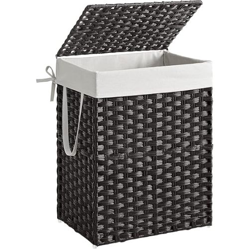 SONGMICS Laundry Hamper with Lid, 23.8 Gallon (90 L) Synthetic Rattan Clothes Laundry Basket with Lid and Handles, Foldable, Removable Liner, Black ULCB51BK