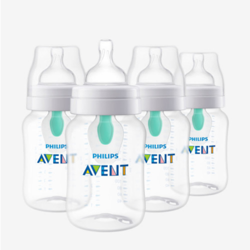 Philips Avent Anti-Colic Baby Bottle with AirFree Vent, 9oz, with Flow 2 Nipples, 1m+, 4pk, Clear, SCY703/04