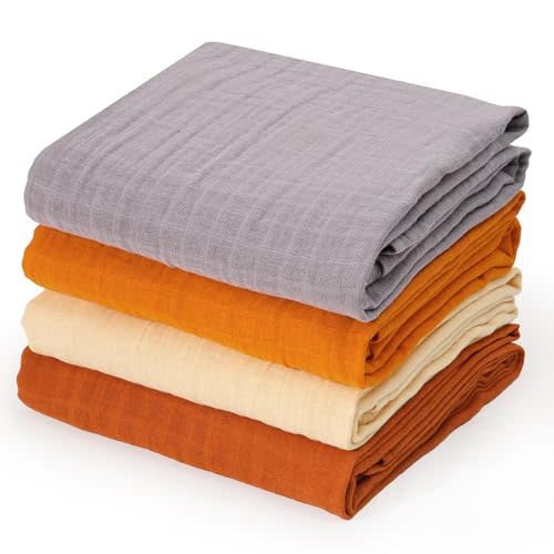 david's kids 4 Pack Baby Muslin Swaddle Blankets, 100% Cotton Swaddling Blankets Wrap for Boys Girls, Ultra Soft Breathable Receiving Blanket, New Born Essentials, Brown&Grey&Ginger&Beige