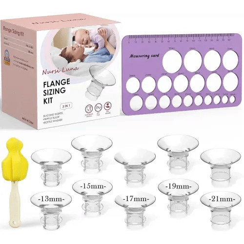 Flange Sizing Kit 3 in 1 with 10PCS Flange Inserts 13/15/17/19/21mm, Nipple Ruler, Cleaning Brush, Silicone Flanges Insert Kit for Electric Breast Pumps, Pumping Breastfeeding Essentials