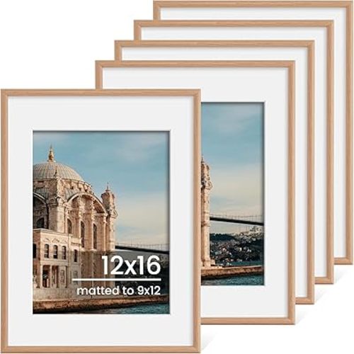12x16 Picture Frame Set of 5, Display Pictures 9x12 with Mat or 12x16 Photos Without Mat 12 by 16 Picture Frames Collage Wall Decor, Oak Woodgrain