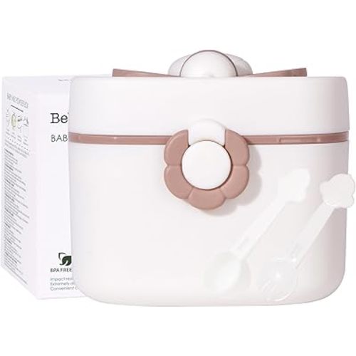 Bebamour Baby Formula Dispenser On The Go, Formula Container to Go, Formula Holder for Travel, Candy Fruit Snack Storage with Scoop & Fork and Leveller (Khaki)