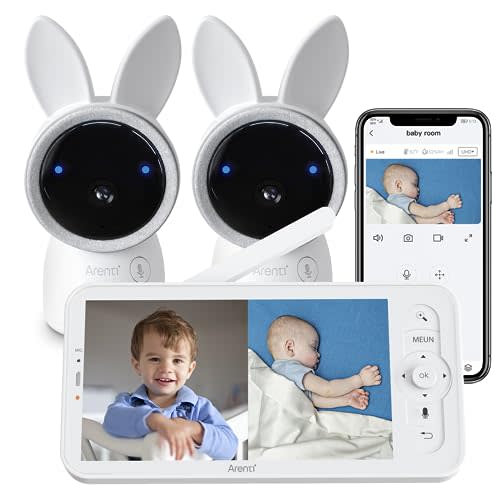 ARENTI Split-Screen Video Baby Monitor, Audio Monitor with Two 2K Ultra HD WiFi Cameras,5" Color Display,Night Vision,Cry Detection,Motion Detection,Temp&Humidity Sensor,Two Way Talk,App Control