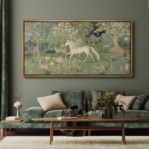 Large Wall Art Framed Canvas Vintage Whimsical Woodland Animal Botanical Prints Enchanted Forest Horse Artworks Fairy Tale Nature Wall Decor