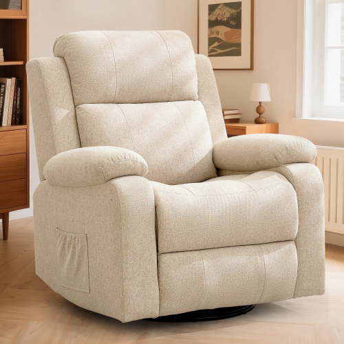 Korser Swivel Rocker Recliner Chair for Adults with Massage and Heat,Upholstered Manual Recliner with Side Pockets Glider Recliner for Living Room,Linen,Beige
