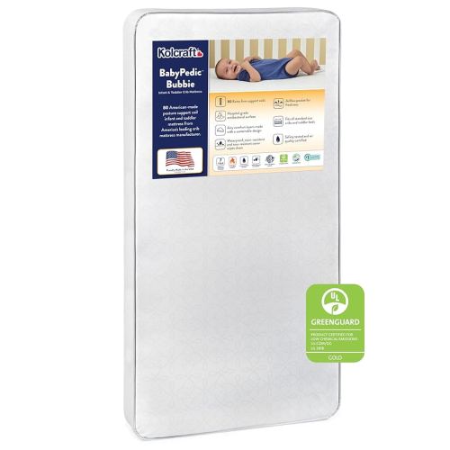 Kolcraft BabyPedic Bubbie Waterproof Crib Mattress plus Toddler Bed Fit, Extra Firm Coils, Airy Comfort, Non Toxic, GREENGUARD Gold Certified, Safety & Quality Tested, Made in USA, 52"X28" - Natural