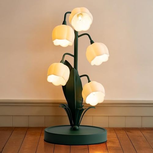 Flower Table Lamp, Lily of The Valley Lamp for Bedside Accent 3 Color Modes Cottagecore Soft Reading Night Light for Bedroom, Corner, Dorm, Entrance Home Vintage Decor (Dark Green)
