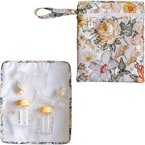 Iris & Ella Breast Pump Wet Dry Bag - Reusable Floral Pattern Breast Pump Storage Bag W/Staging Mat & Removable Waterproof Lining - Wet Dry Bags for Breast Pump Parts - Wet Bags for Baby - 13" x 11"