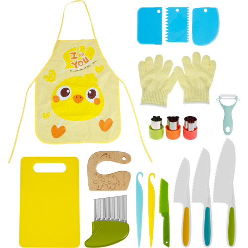 MLfire 19PCS Wooden Kids Kitchen Knife with Serrated Cutting Edges Cutting Board Peeler Fruit Cutters Apron Gloves For Real Cooking Parent-Child Games & Exercise Hands-On Ability & Gifts