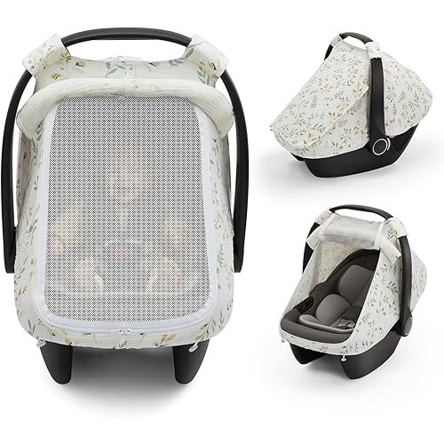 Blissful Diary Baby Car Seat Cover, Extra Large Mesh Window, Breathable Muslin Cotton, Infant Windproof Canopy, Must-Have Baby Gift - Botanical Leaf