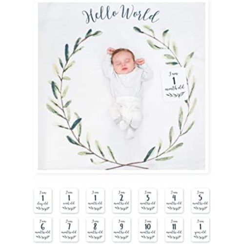 lulujo Baby’s First Year Milestone Blanket and Card Set | 40in x 40in (Hello World)