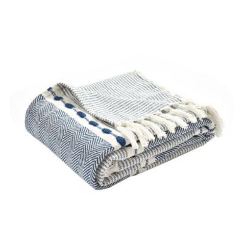 Lush Décor 50"x60" Herringbone Striped Yarn Dyed Cotton Woven Throw Blanket with Tassels Navy: Scandinavian Style, All-Season Comfort