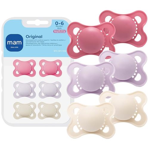 MAM Original Baby Pacifiers 0-6 Months, Binky for Newborn Babies, BPA-Free Skin Soft Silicone Nipple, Glows in The Dark, Developed with Medical Experts, 6 Count, Made in Europe