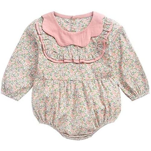 Wennikids Newborn Baby Girls Floral Print Long Sleeve Round Neck Vintage Romper Infants Ruffles Jumpsuit