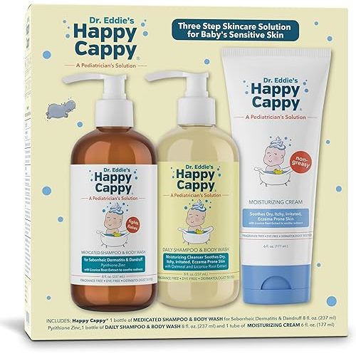 Happy Cappy Three Step Skincare Solution Bundle- Baby Dandruff Shampoo, Eczema Body Wash and Lotion for Kids, Toddler, Adults, Moisturizing Cream, Reduces Itching, Dermatologist Tested, Fragrance-Free