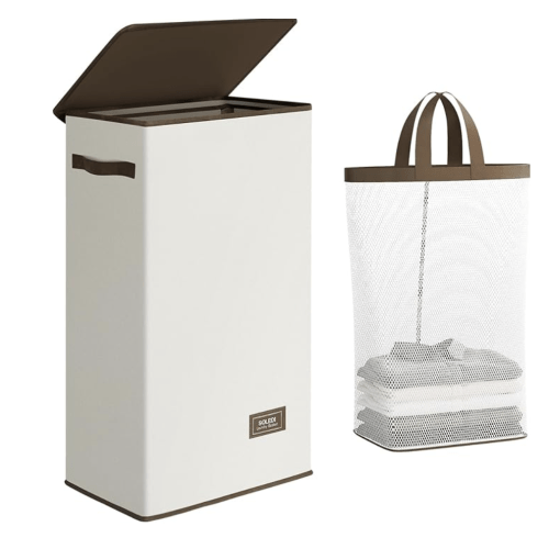 SOLEDI Slim Laundry Hamper with Lid, Narrow Laundry Basket with Removable Bags, Dirty Clothes Hamper with handle, Small Hamper perfect for Laundry room, Bathroom, Bedroom, Small spaces. 70L Beige