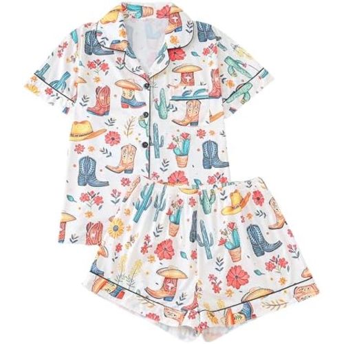 Cowboy Style Pajama For Women Cowboy Hat And Boots Printed Short Sleeve with Button Pocket and Casual Loose Shorts