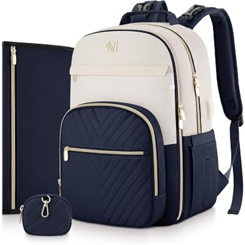 MOMUVO Diaper Bag Backpack, Quilted Baby Bag with Changing Pad & Stroller Straps & Pacifier Case, Large Travel Diaper Bags for Mom Dad, Blue Beige