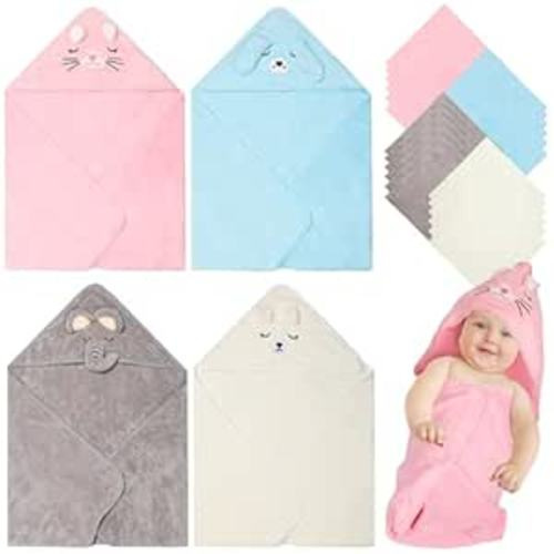 4 Sets Baby Bath Towel 31.5 x 31.5 Inch and Baby Washcloths Soft Microfiber Coral Fleece Absorbent Hooded Towel for Newborn Baby Infant Toddler Shower Gift Supplies