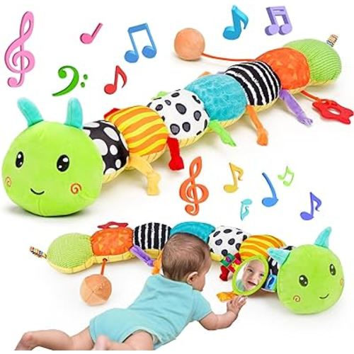 Baby Sensory Toy 0-6 Month Music Animal Stuffed Plush Caterpillar Toy for Infant 0-3-6 Month Tummy Time with Baby Mirror Crinkle Rattle for 6-12 Month Texture Toy for Boys Girls Newborn Birthday Gifts