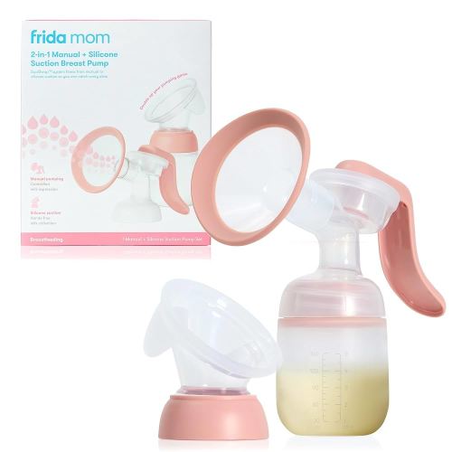 Frida Mom 2-in-1 Manual Breast Pump with Hands-Free Silicone Suction Cup, Milk Collector, Wireless Ergonomic Handle, and SoftFeel Flange for Breastfeeding