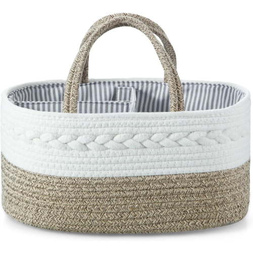 Baby Diaper Caddy Organizer, Portable Nursery Storage Basket Cotton Rope Diaper Caddy for Baby Shower Gifts Newborn Infants -Brown
