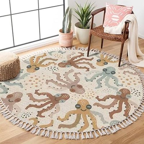 Round Boho Rug Cute Laughing Octopus Seamless Earthy Colours sea Creatures Area Linen Carpet Patio Hallway Runner Mat Pad Minimalist Home Decor for Living Room Outdoor, 4 ft