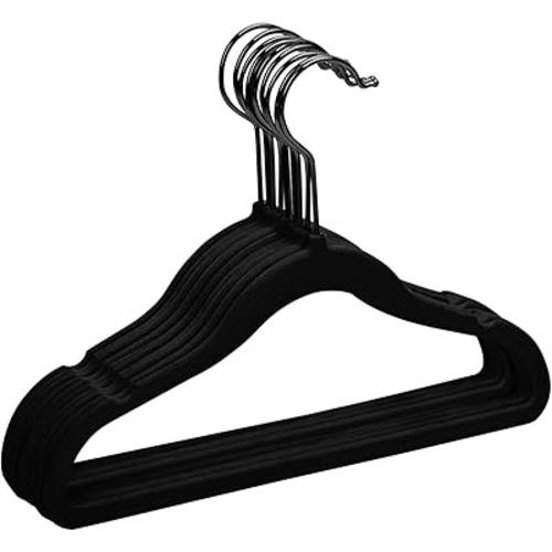 MIZGI Premium Kids Velvet Hangers (Pack of 50) with Black Hooks,Space Saving Ultra Thin,Non Slip Baby Hangers for Children's Skirt Dress Pants,Clothes Hangers(Black/Black)