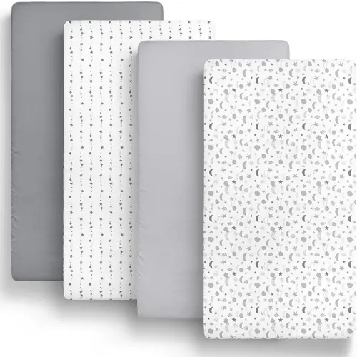 The Peanutshell Fitted Crib Sheets Set, Unisex 4 Pack Celestial Print, Grey Moon & Stars