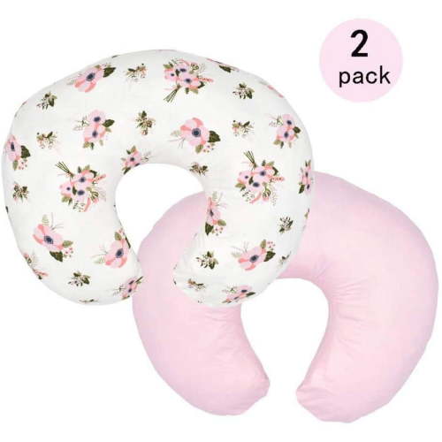 Amerteer 2 Pack Nursing Pillow Cover, Luxury Egyptian Cotton Soft Feeding Pillow Slipcovers for Baby Girls Boys, Fits Standard Infant Support Pillows Positioners- Lt Pink & Floral