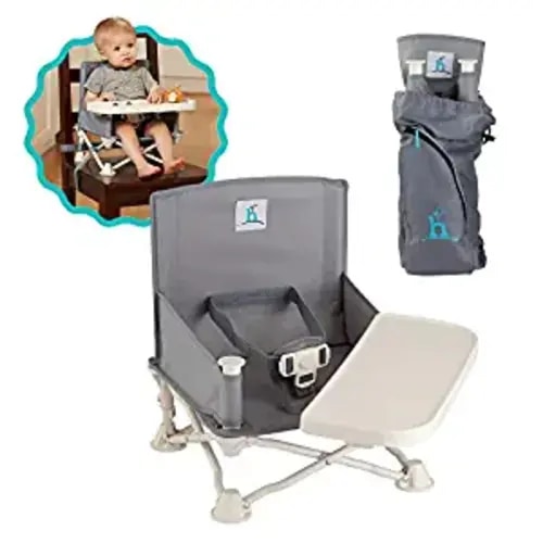 hiccapop OmniBoost Travel Booster Seat with Tray for Baby, Dining Table, Camping, Beach, Grandma’s | Folding Portable Tip-Free Design Straps to Kitchen Chairs - Slate Grey