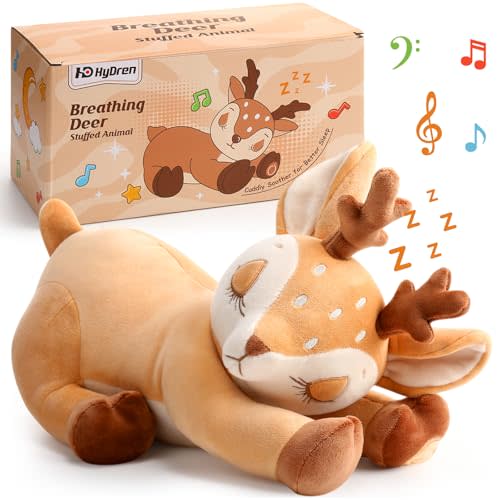 HyDren Deer Breathing Stuffed Animal Soft Soothing Stuffed Animal Deer Plush Anxiety Plush Toys with Music Lights and Realistic Breathing Motion for Adult Kids Anxiety Relief Relaxation Sleep Calming