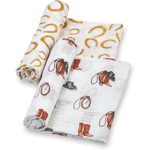 Swaddle Blanket | 100% Muslin Cotton | Gender Neutral Newborn and Baby Nursery Essentials for Girls and Boys, Registry | Cowboy Boot and Horseshoe 2 Pack