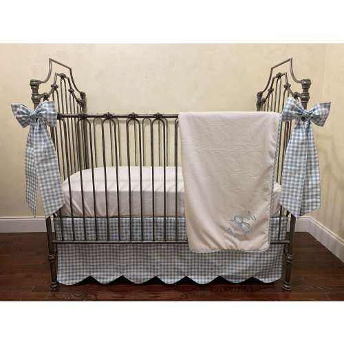 Blue Gingham Crib Bedding, Scalloped Crib Skirt