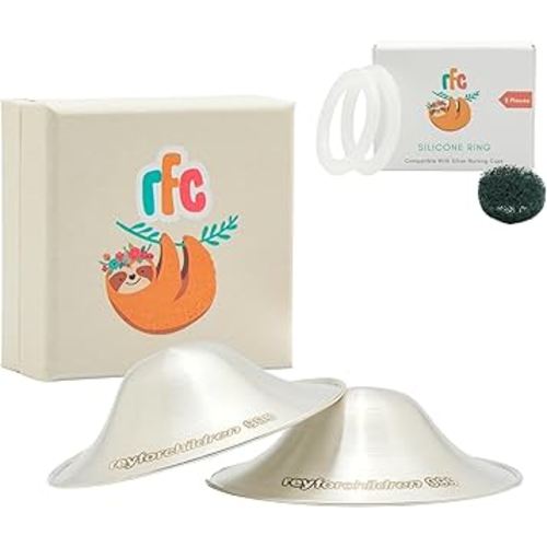 RFC Silver Nursing Cups - 999 Silver Nursing Pad - Nipple Shield Kit for Nursing Newborn - Breastfeeding Essentials - Nipple Cover Breastfeeding - with Silicone Ring & Cleaning Scotch & Case (XL)